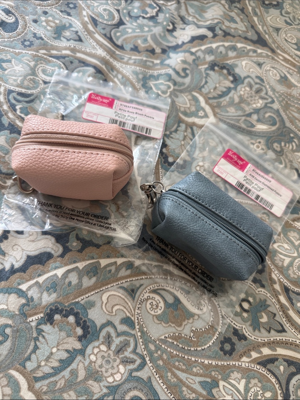 Thirty-One Pebble Leather Mini Pouches in Rose Blush Pebble and Denim Distressed